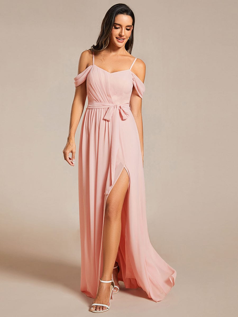 Sweetheart Neckline Cold Shoulder Chiffon Bridesmaid Dress #color_Pink