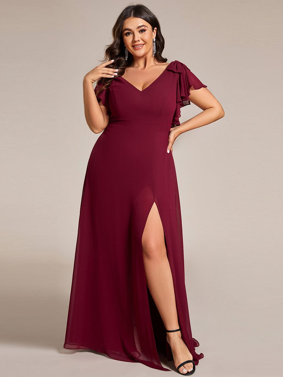 Plus Size Split Ruffles Sleeves with Bowknot Double V-neck Chiffon Bridesmaid Dress #color_Burgundy