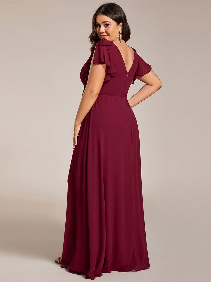 Plus Size Split Ruffles Sleeves with Bowknot Double V-neck Chiffon Bridesmaid Dress #color_Burgundy