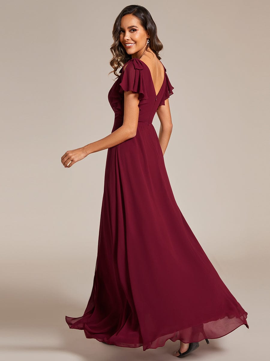 Short Sleeves with Bowknot High Front Slit A-Line Chiffon Bridesmaid Dress #color_Burgundy