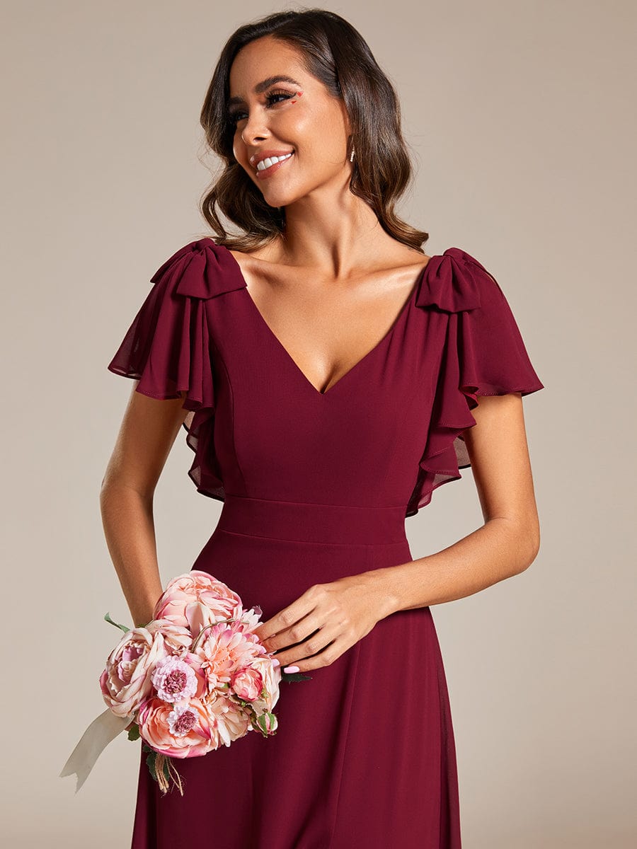 Short Sleeves with Bowknot High Front Slit A-Line Chiffon Bridesmaid Dress #color_Burgundy