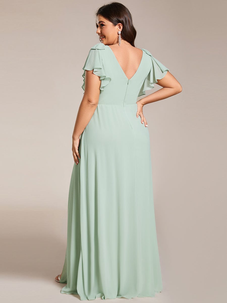 Plus Size Split Ruffles Sleeves with Bowknot Double V-neck Chiffon Bridesmaid Dress #color_Mint Green
