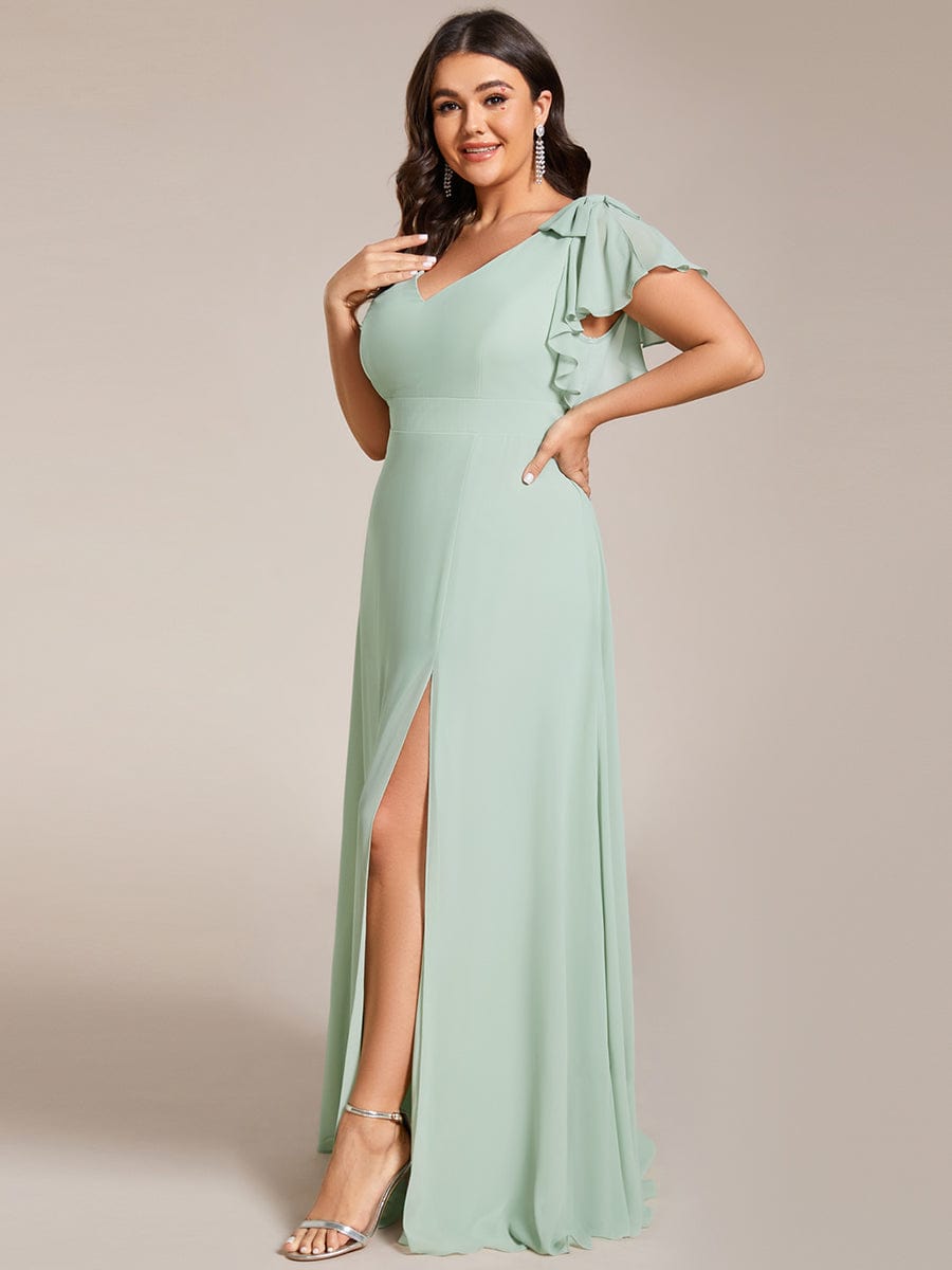Plus Size Split Ruffles Sleeves with Bowknot Double V-neck Chiffon Bridesmaid Dress #color_Mint Green