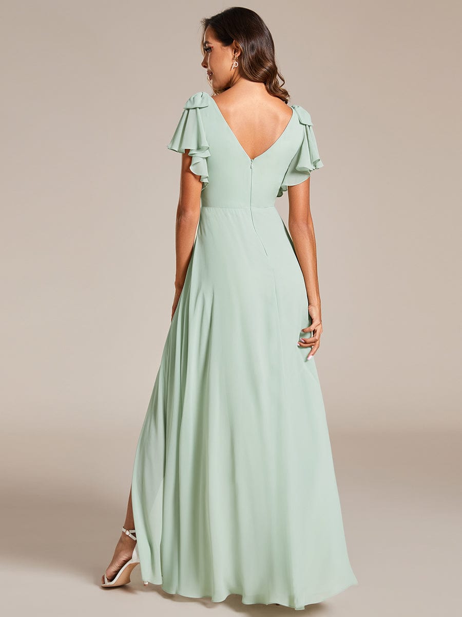 Short Sleeves with Bowknot High Front Slit A-Line Chiffon Bridesmaid Dress #color_Mint Green