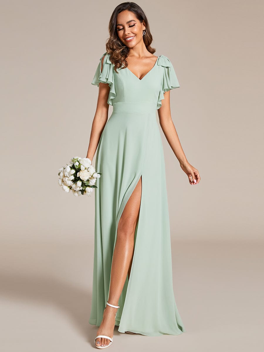 Short Sleeves with Bowknot High Front Slit A-Line Chiffon Bridesmaid Dress #color_Mint Green