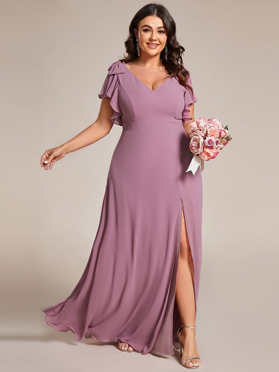 Short Sleeves with Bowknot High Front Slit A-Line Chiffon Bridesmaid Dress #color_Purple Orchid