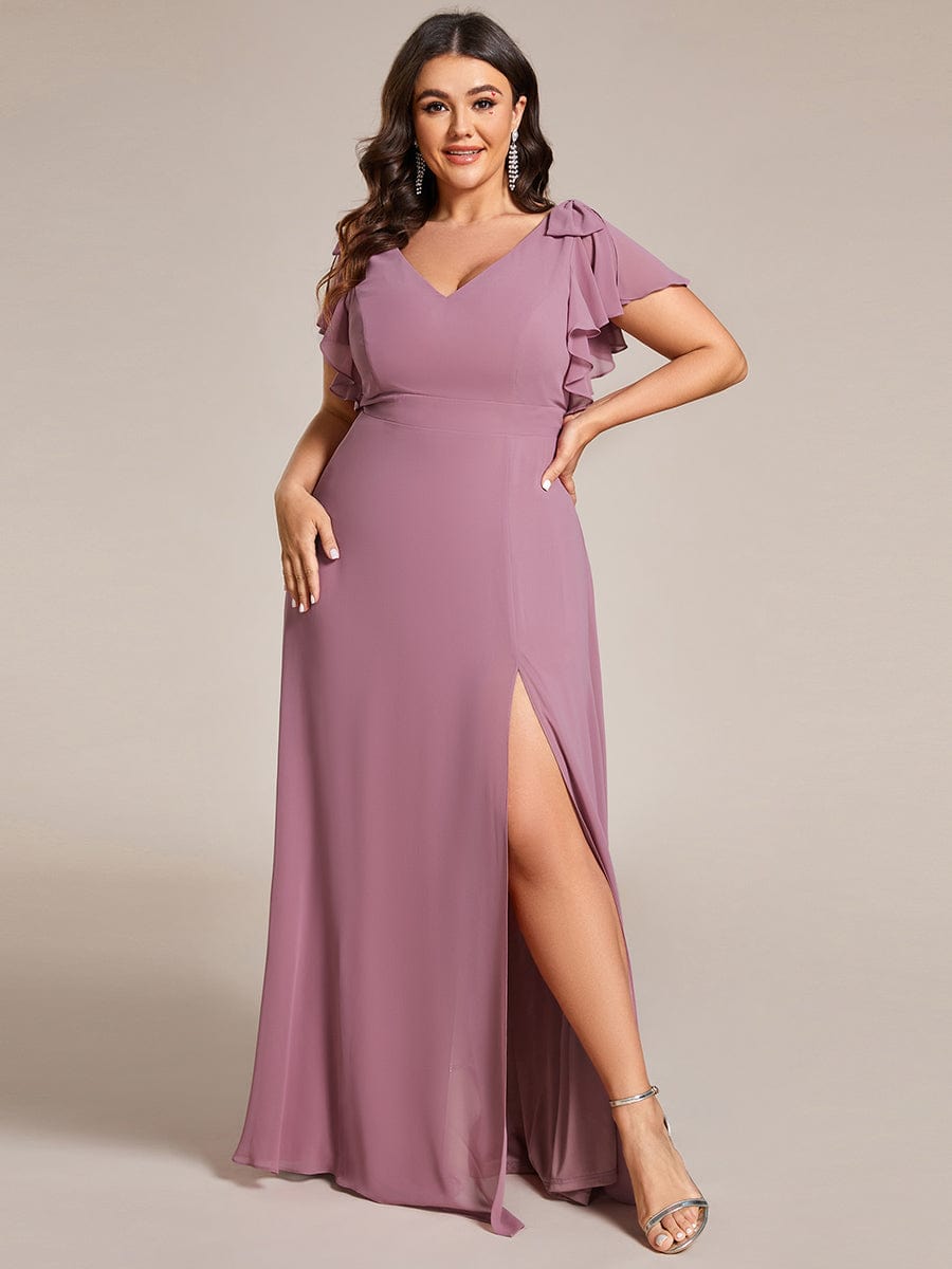 Plus Size Split Ruffles Sleeves with Bowknot Double V-neck Chiffon Bridesmaid Dress #color_Purple Orchid
