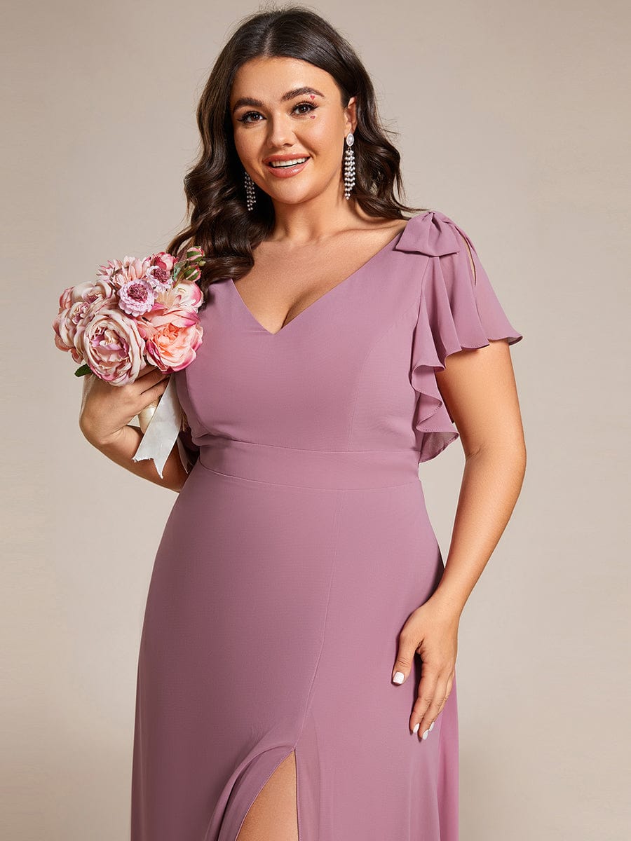 Plus Size Split Ruffles Sleeves with Bowknot Double V-neck Chiffon Bridesmaid Dress #color_Purple Orchid