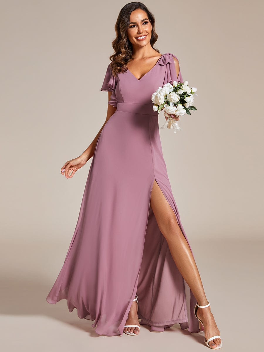Short Sleeves with Bowknot High Front Slit A-Line Chiffon Bridesmaid Dress #color_Purple Orchid
