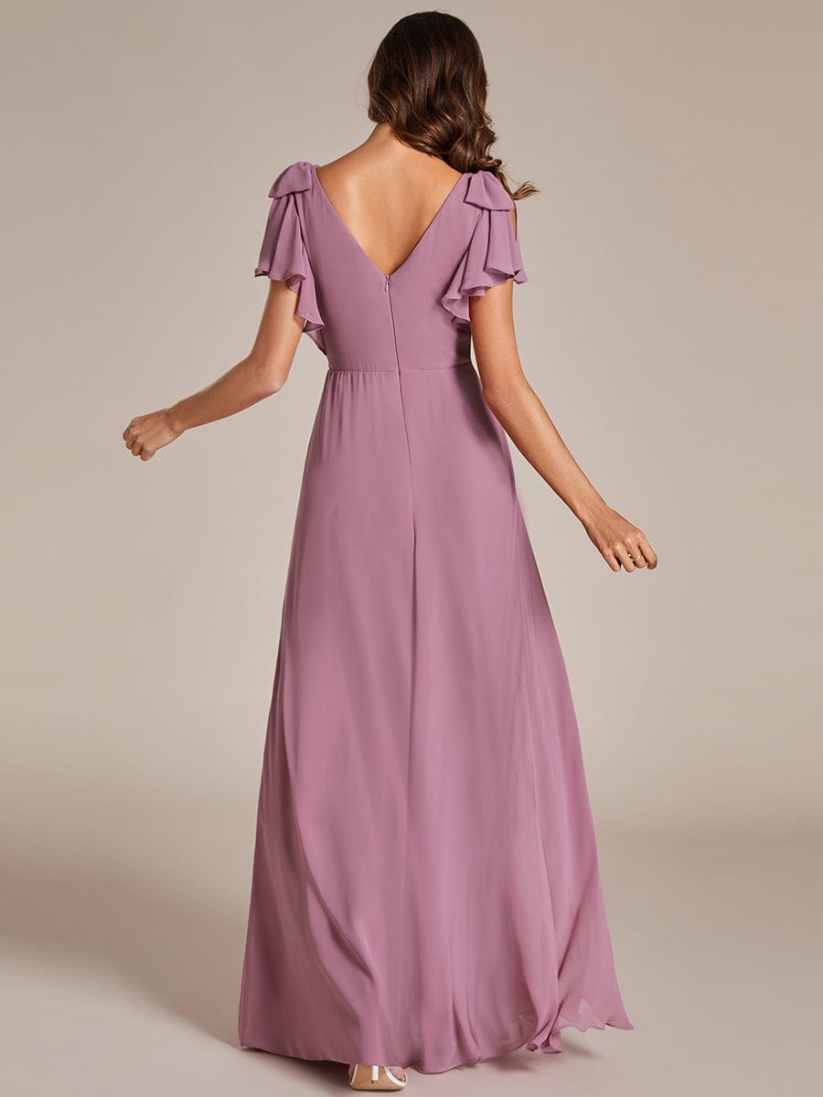 Short Sleeves with Bowknot High Front Slit A-Line Chiffon Bridesmaid Dress #color_Purple Orchid