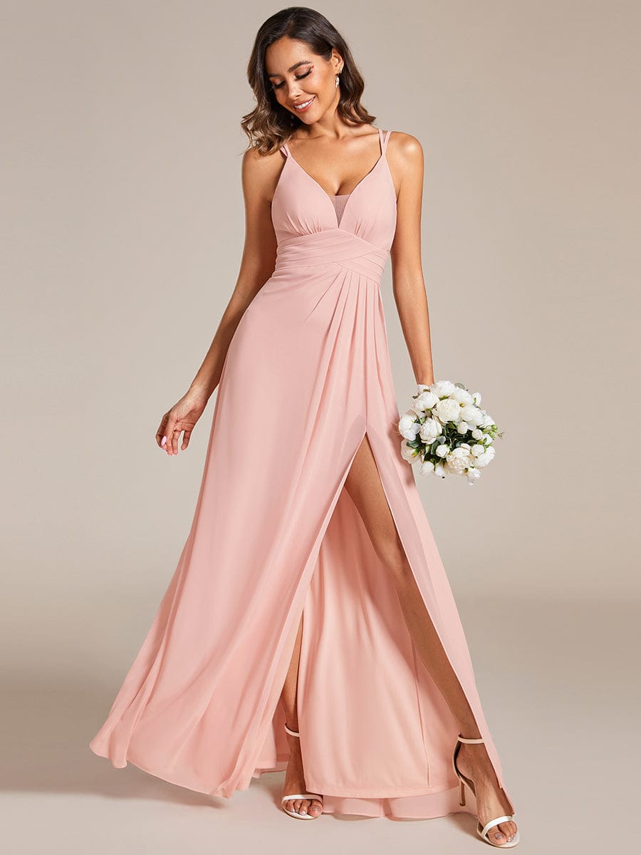 Deep V-Neck High Front Slit Spaghetti Strap Back X-Cross Bridesmaid Dress #color_Pink