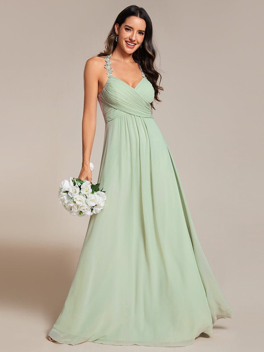 Floral Halter Neck Pleated Backless Bridesmaid Dress in Chiffon #color_Mint Green