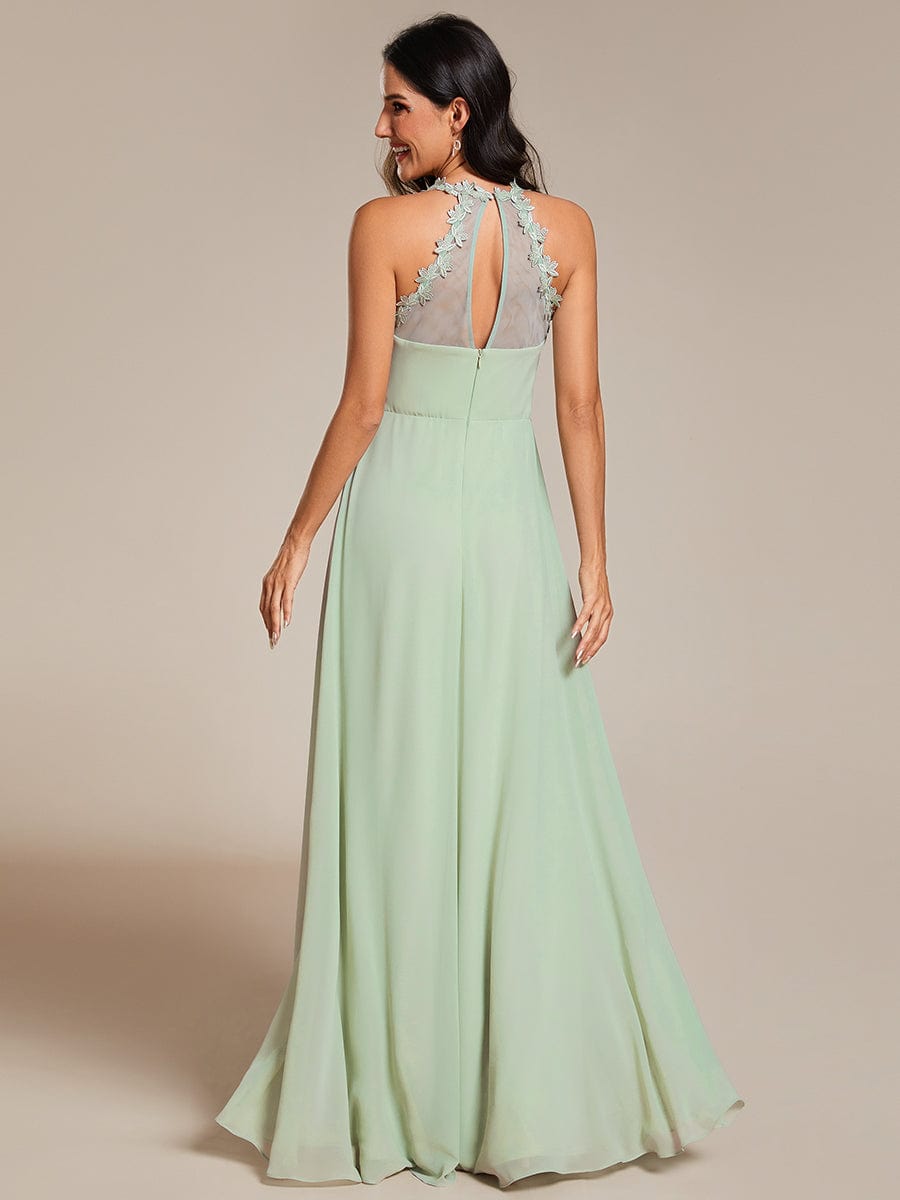 Floral Halter Neck Pleated Backless Bridesmaid Dress in Chiffon #color_Mint Green