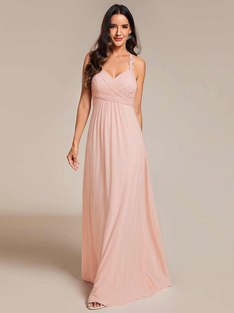 Floral Halter Neck Pleated Backless Bridesmaid Dress in Chiffon #color_Pink