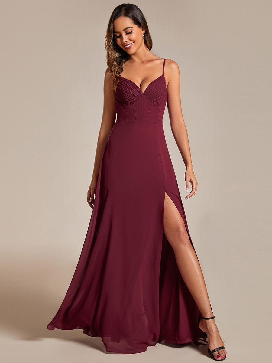 Spaghetti Strap V-Neck Chiffon Bridesmaid Dress with High Slit #color_Burgundy