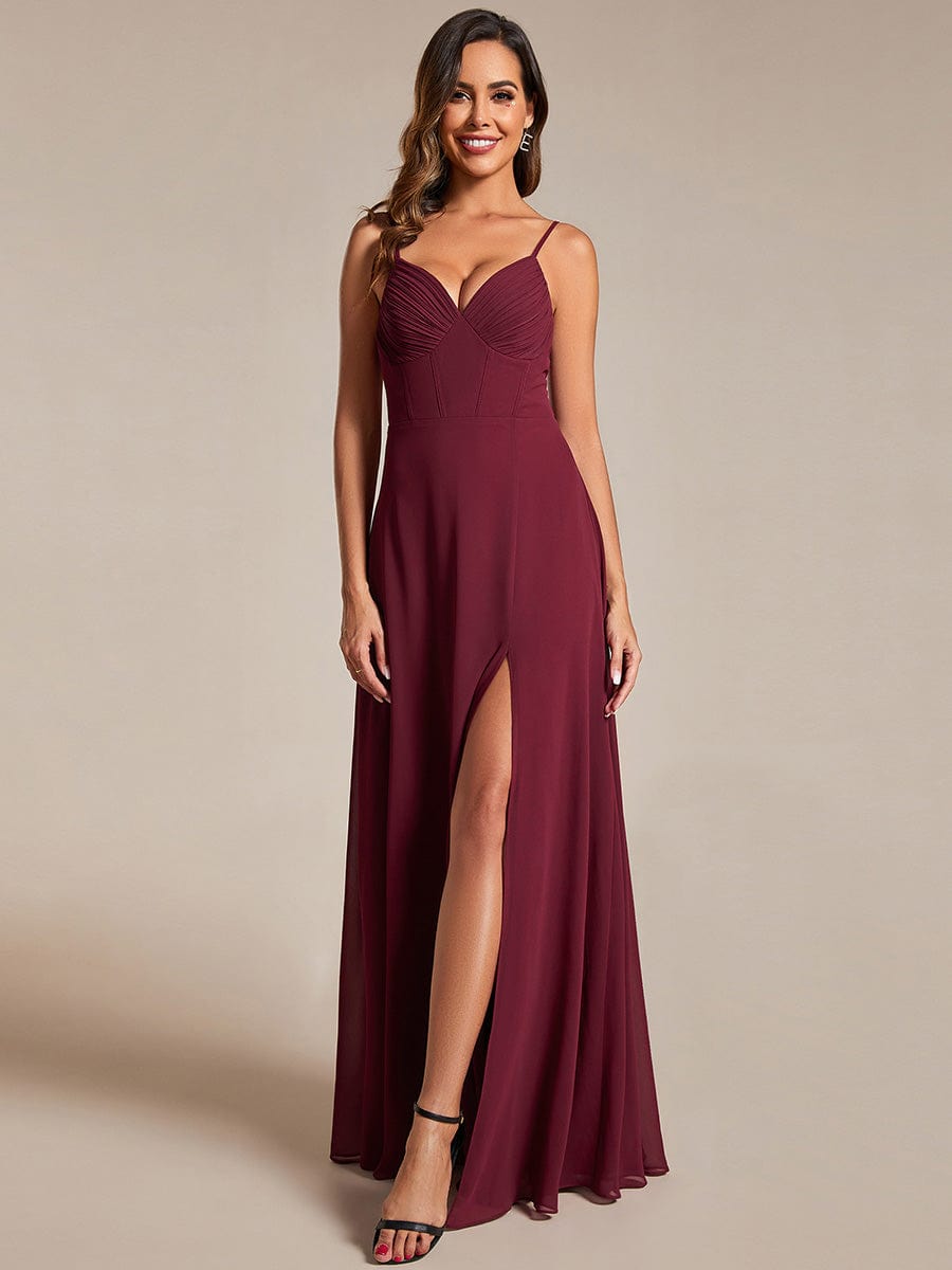 Spaghetti Strap V-Neck Chiffon Bridesmaid Dress with High Slit #color_Burgundy