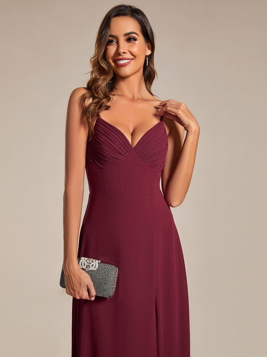 Spaghetti Strap V-Neck Chiffon Bridesmaid Dress with High Slit #color_Burgundy