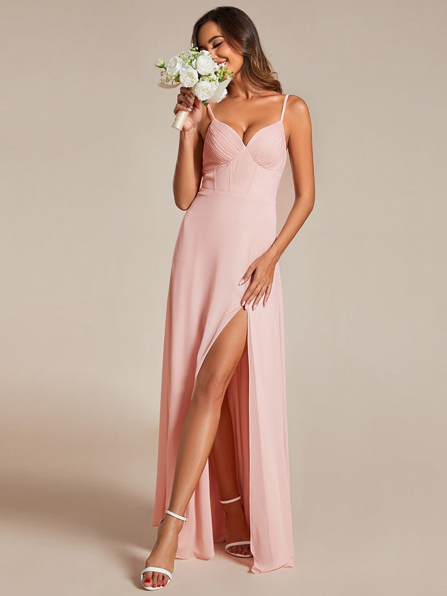 Spaghetti Strap V-Neck Chiffon Bridesmaid Dress with High Slit #color_Pink