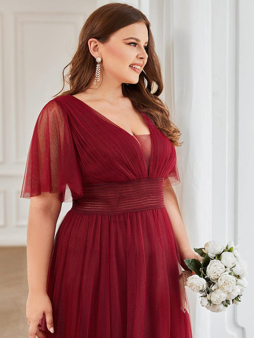 Plus Size Sheer Short Sleeve Backless Tulle Bridesmaid Dress - Ever 