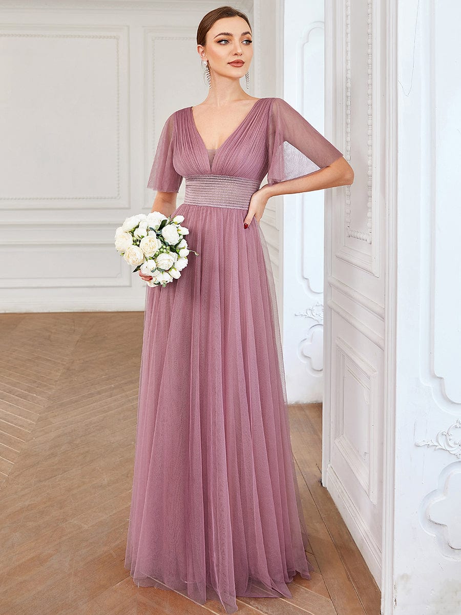 Pleated A-Line Short Sleeve Wide Waist Tulle Bridesmaid Dress #color_Purple Orchid