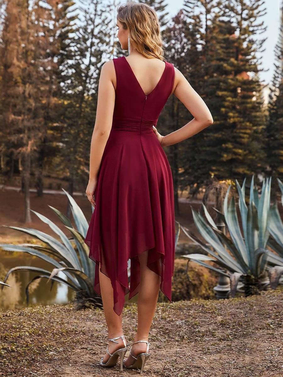 Hot V Neck Ruched Asymmetrical Hems Midi Chiffon Bridesmaid Dress #color_Burgundy