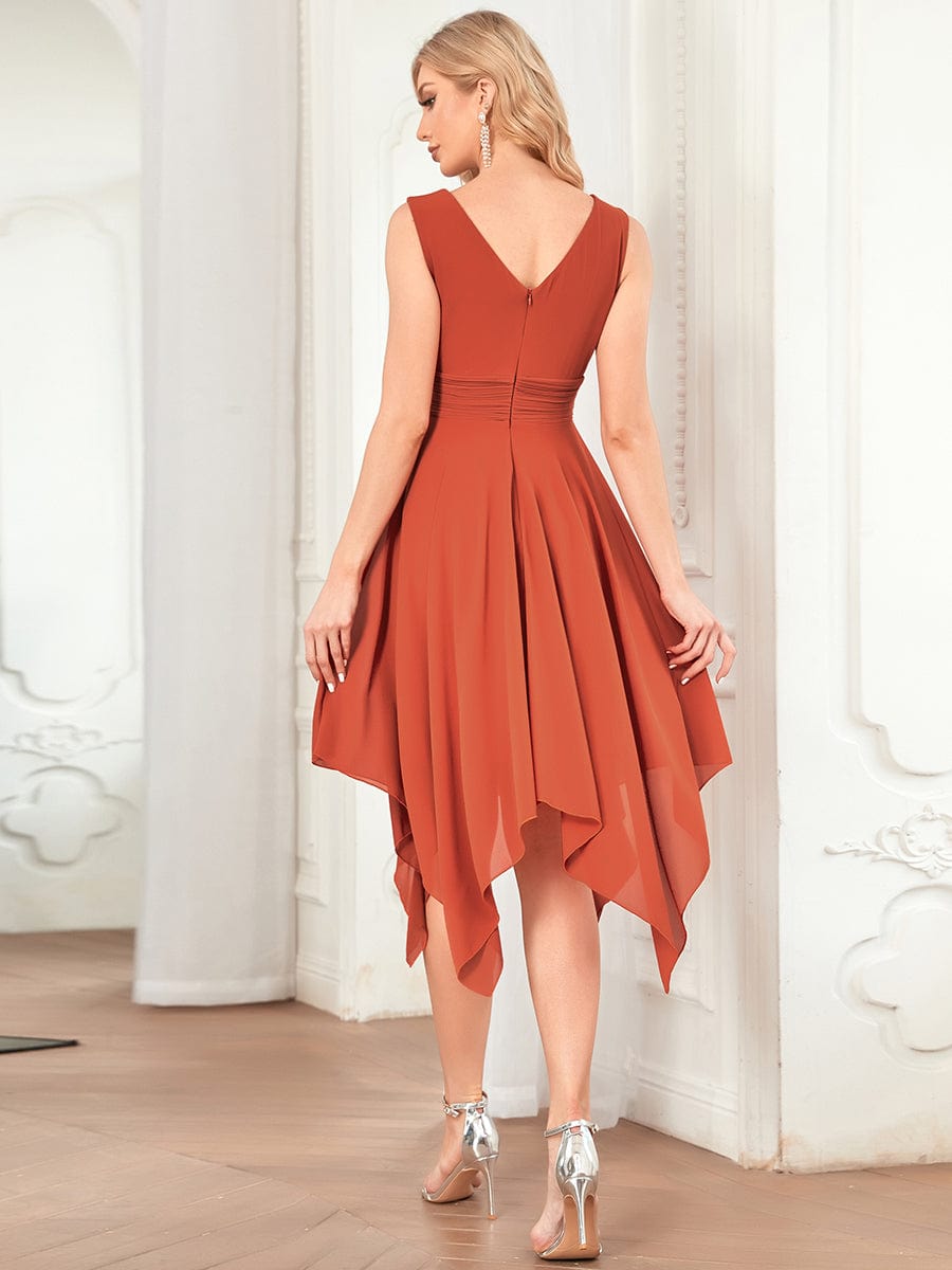 Chiffon Double V-Neck A Line Bridesmaid Dress with Asymmetrical Hem #color_Burnt Orange