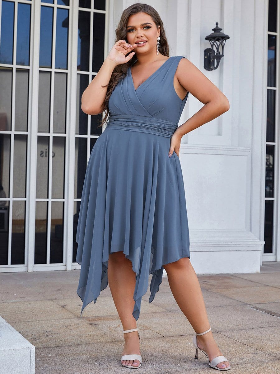 Custom Size Chiffon Double V Neck Asymmetrical Hem Dress #color_Dusty Blue 