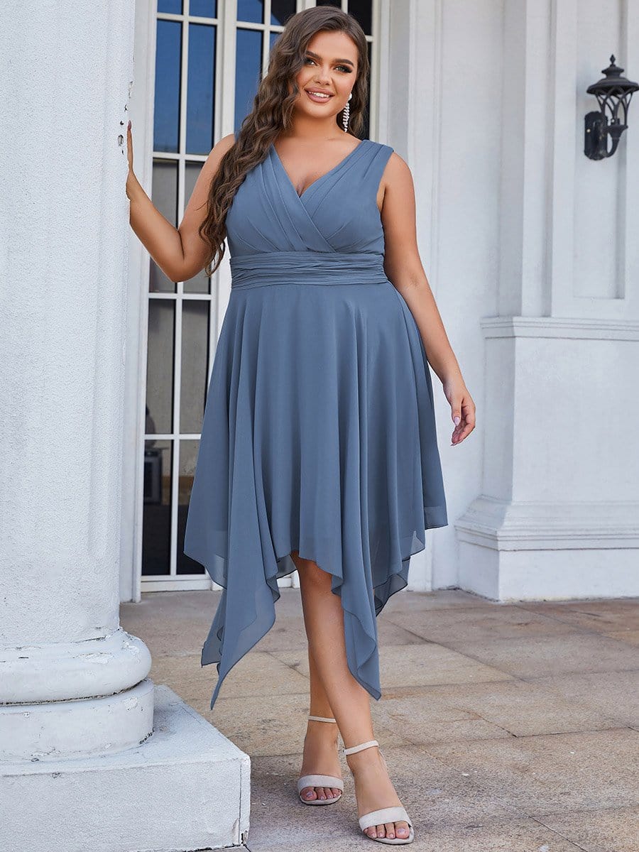 Custom Size Chiffon Double V Neck Asymmetrical Hem Dress #color_Dusty Blue 