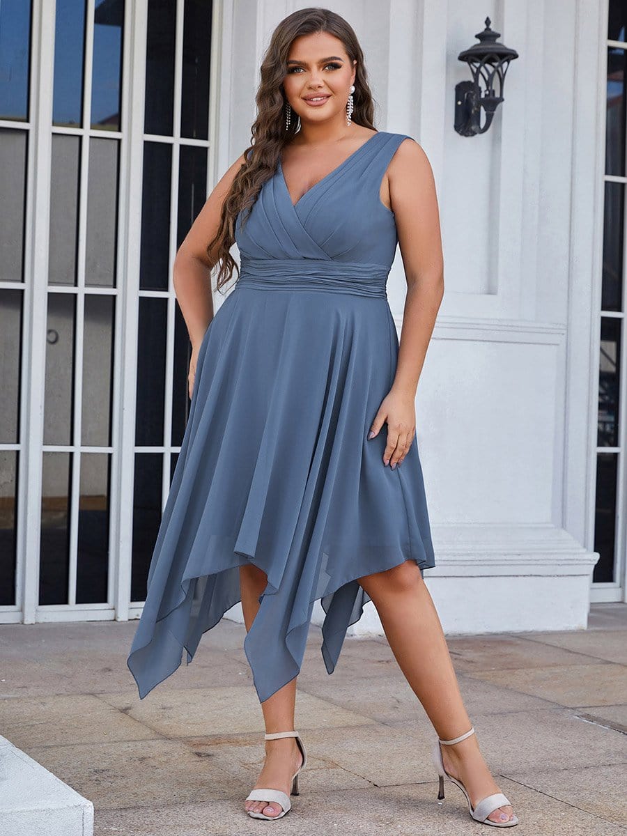 Custom Size Chiffon Double V Neck Asymmetrical Hem Dress #color_Dusty Blue 