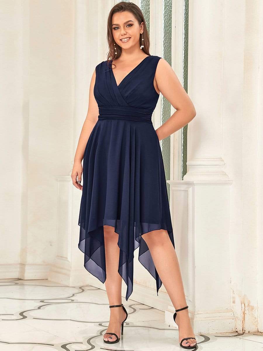 Custom Size Chiffon Double V Neck Asymmetrical Hem Dress #color_Navy Blue