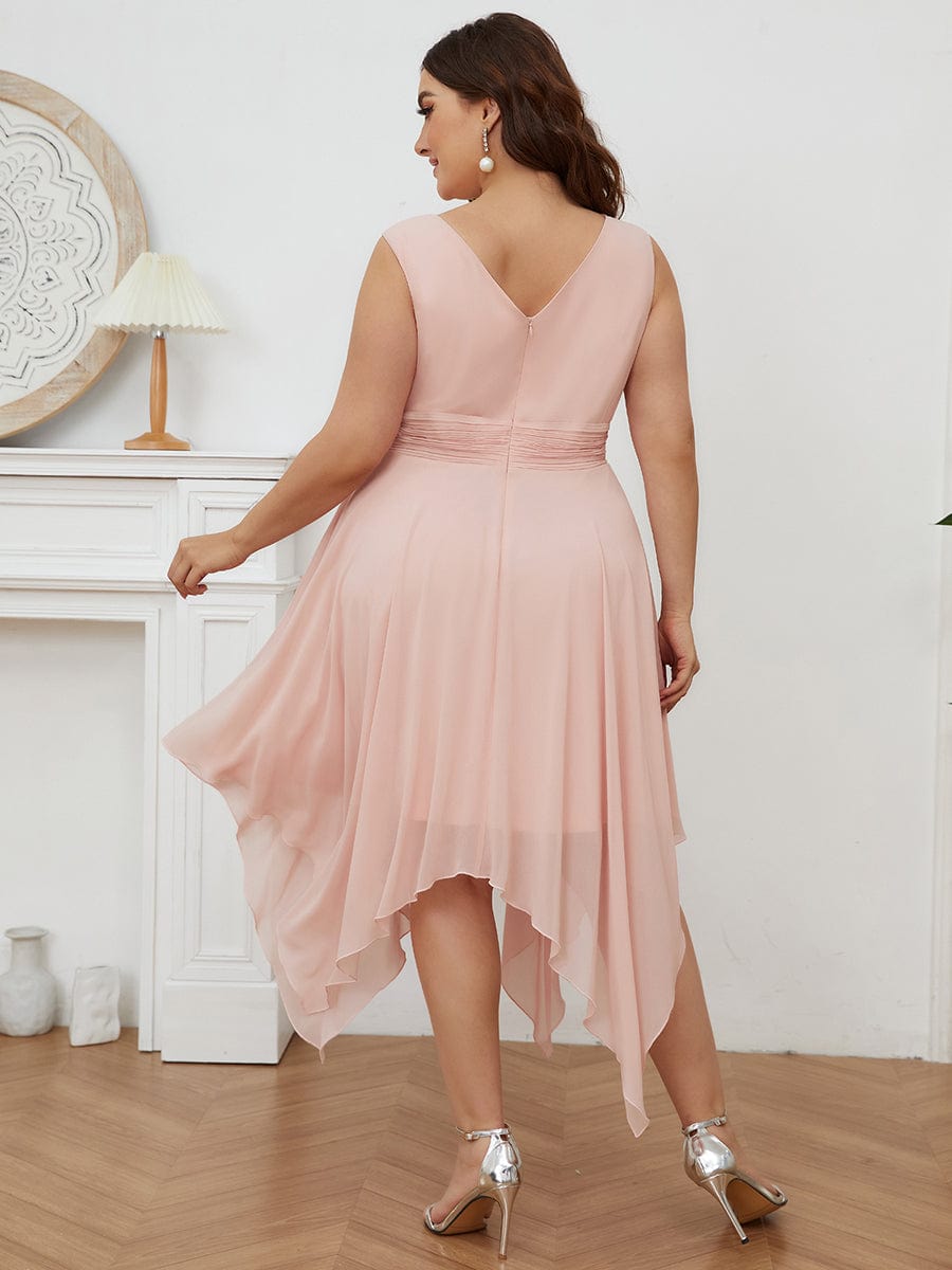 Plus Size Double V Neck Ruched-Waist Midi Chiffon Bridesmaid Dress #color_Pink 