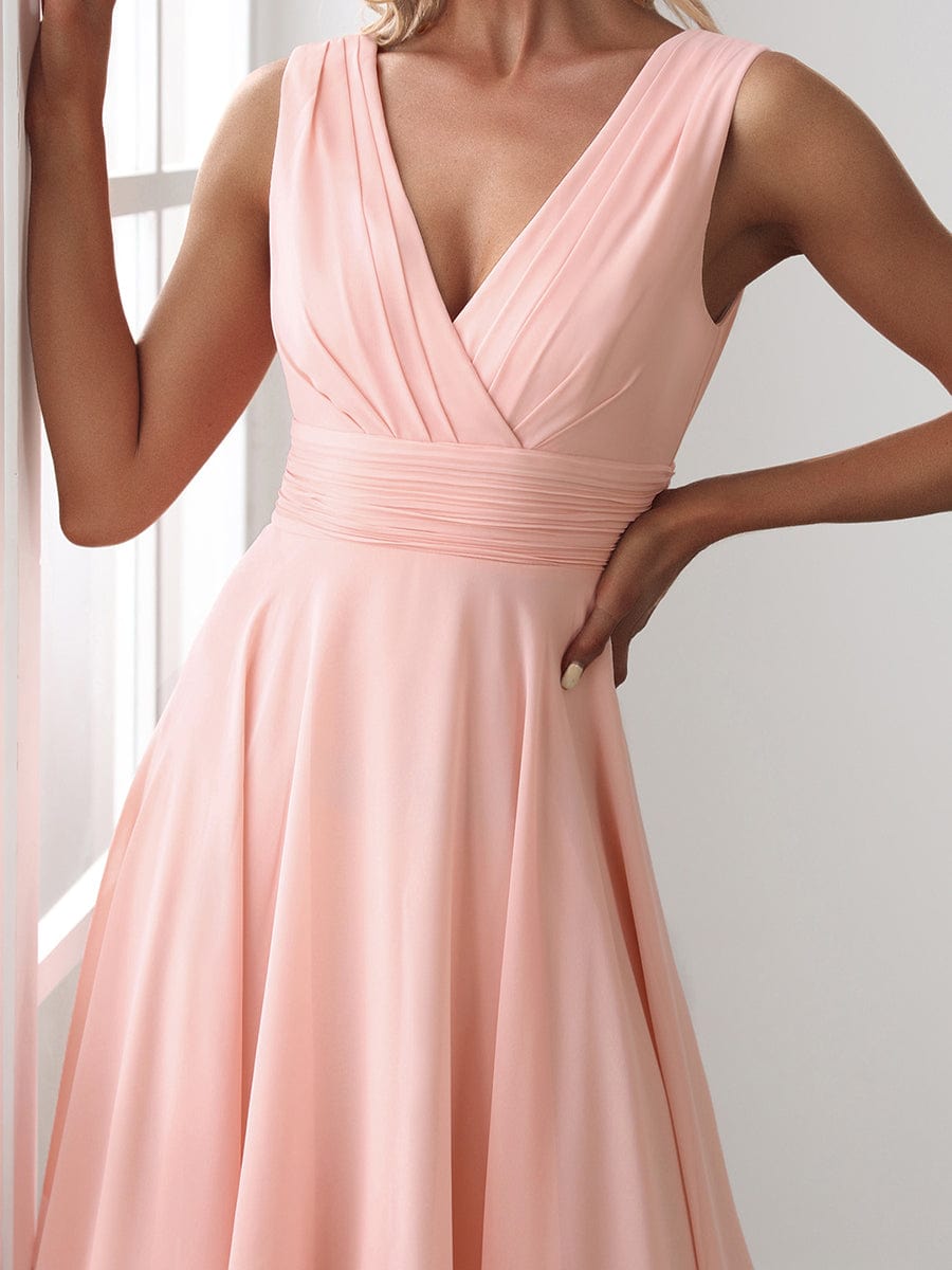 Chiffon Double V-Neck A Line Bridesmaid Dress with Asymmetrical Hem #color_Pink