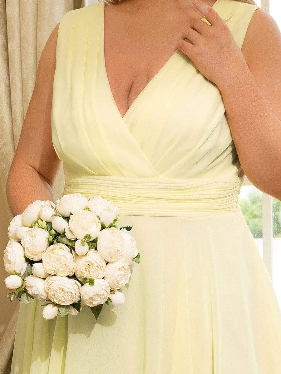 Plus Size Double V Neck Ruched-Waist Midi Chiffon Bridesmaid Dress #color_Yellow 