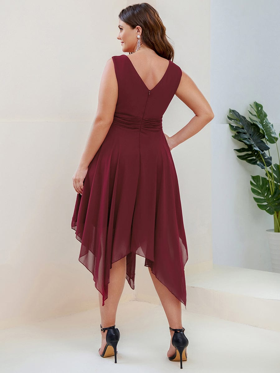 Chiffon Double V-Neck A Line Bridesmaid Dress with Asymmetrical Hem #color_Burgundy