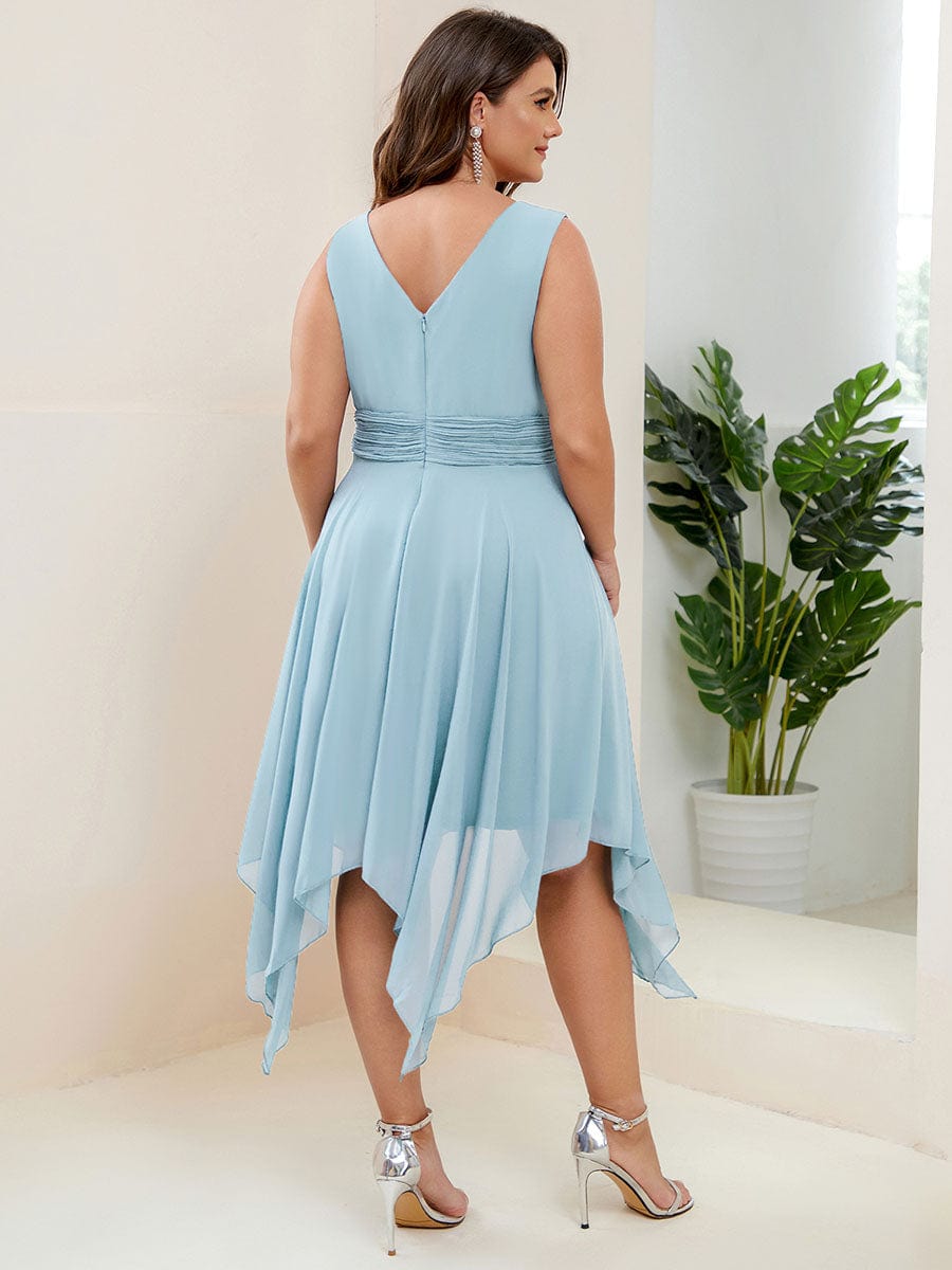 Plus Size Double V Neck Ruched-Waist Midi Chiffon Bridesmaid Dress #color_Sky Blue
