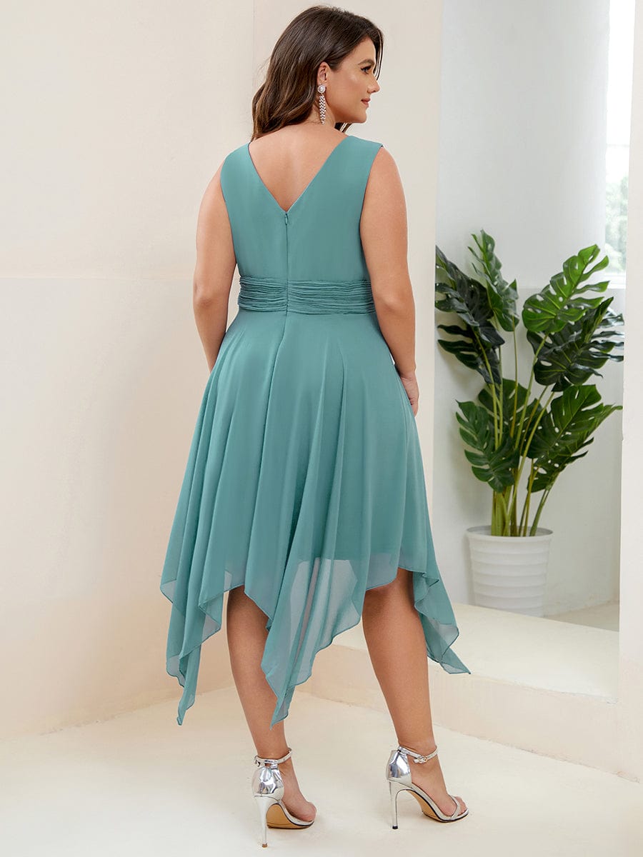 Chiffon Double V-Neck A Line Bridesmaid Dress with Asymmetrical Hem #color_Dusty Blue