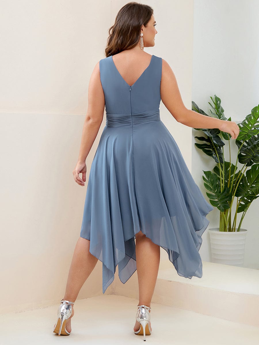 Chiffon Double V-Neck A Line Bridesmaid Dress with Asymmetrical Hem #color_Dusty Blue