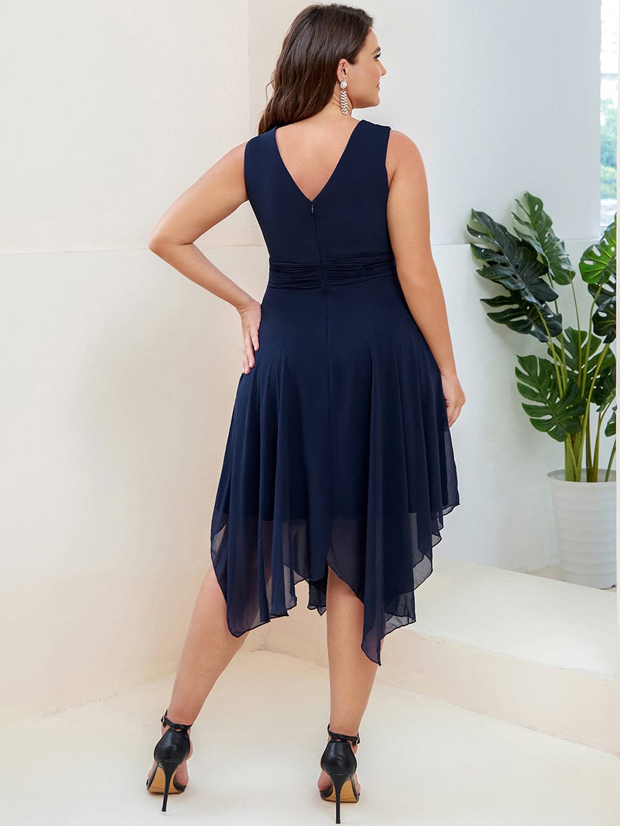 Chiffon Double V-Neck A Line Bridesmaid Dress with Asymmetrical Hem #color_Navy Blue