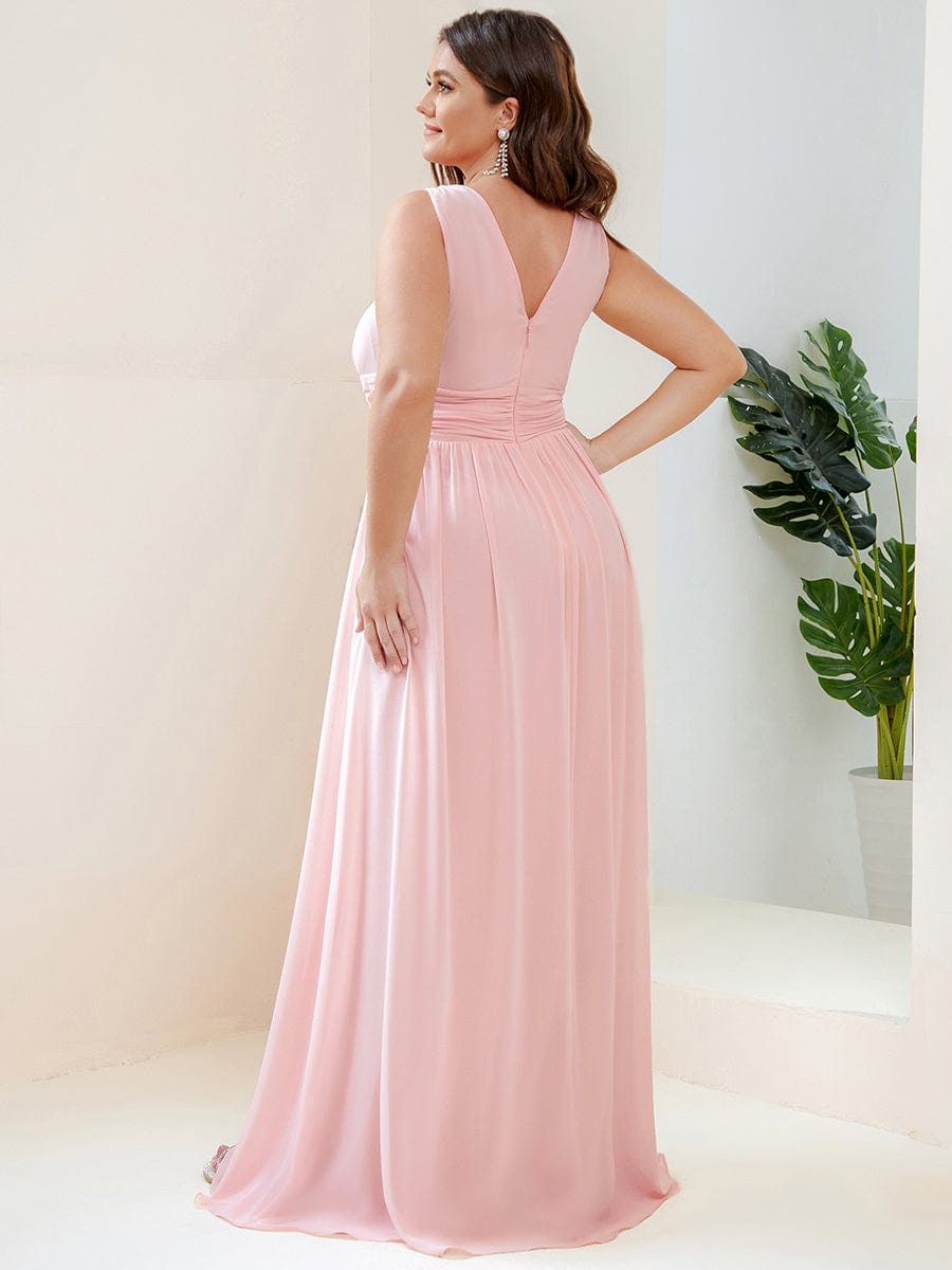 Sleeveless V-Neck Plain Maxi Chiffon Bridesmaid Dress #color_Pink