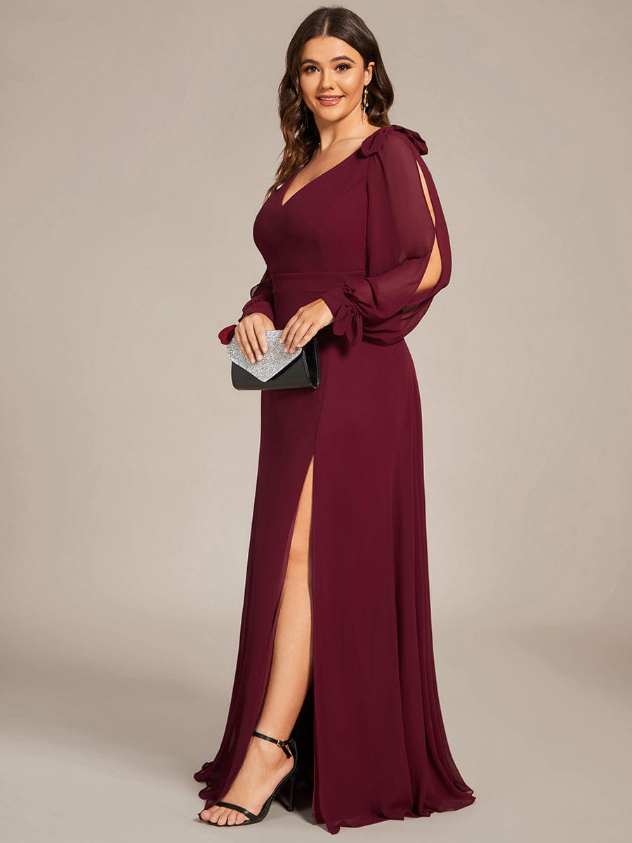 Plus Size Open Lantern Sleeve A-Line Bridesmaid Dress #color_Burgundy 