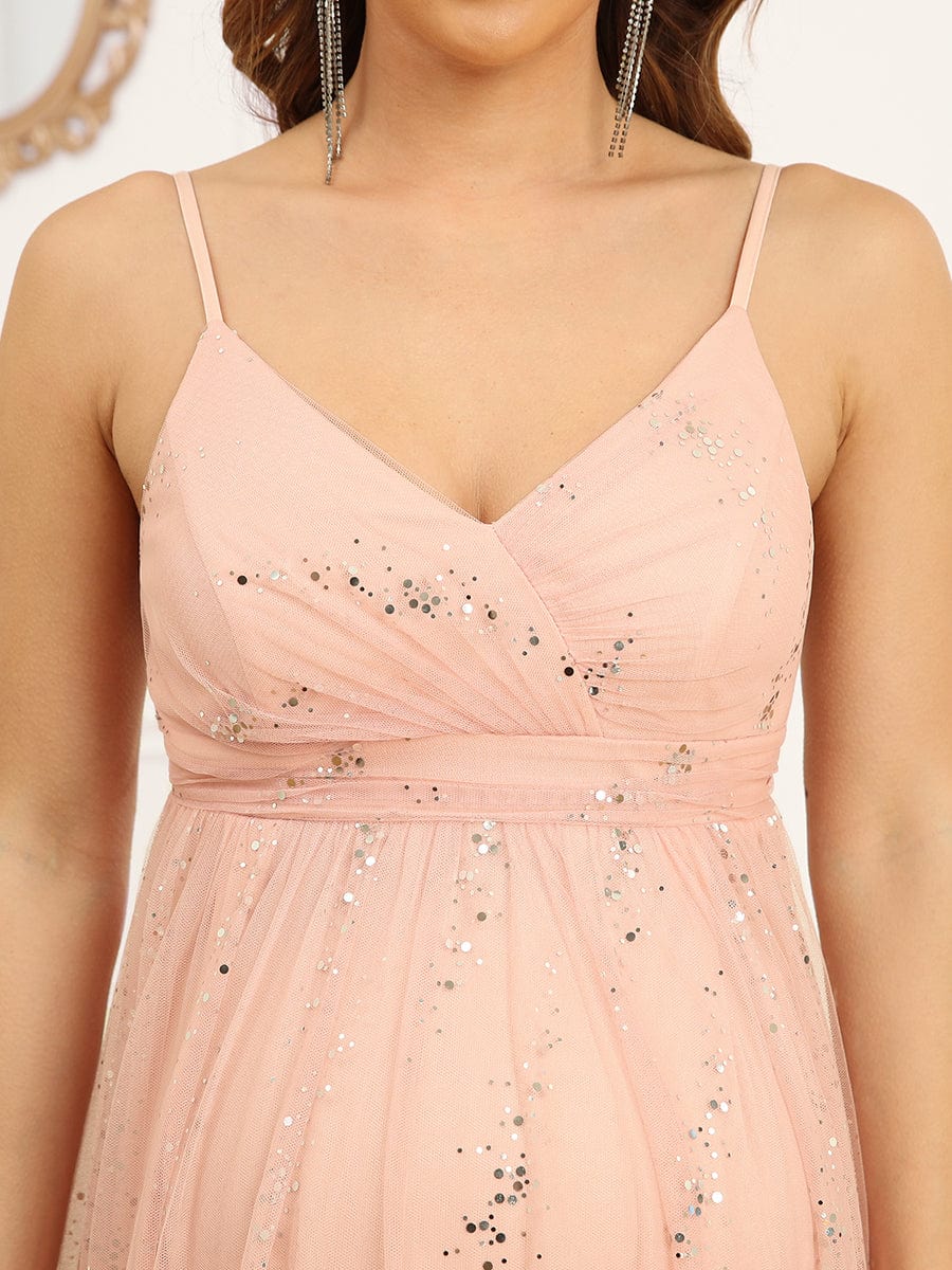 Spaghetti Strap V-Neck Empire Waist Sparkling Bump Friendly Dress #color_Pink 