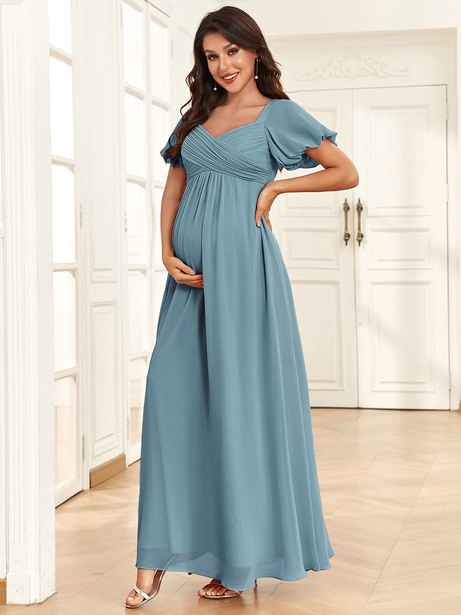 Chiffon Pleated V-Neck Tie-Back A-Line Maternity Dress #Color_Dusty Blue