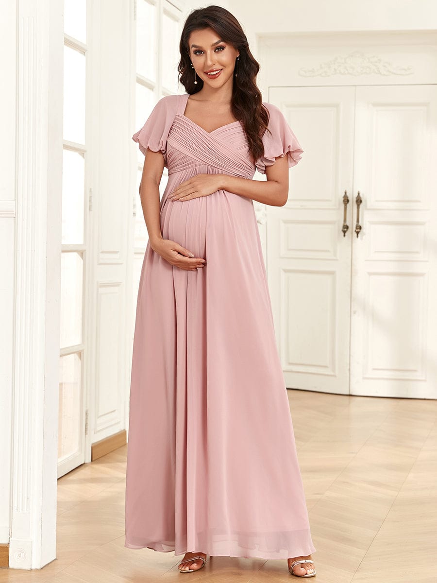 Chiffon Pleated V-Neck Tie-Back A-Line Maternity Dress #Color_Dusty Rose