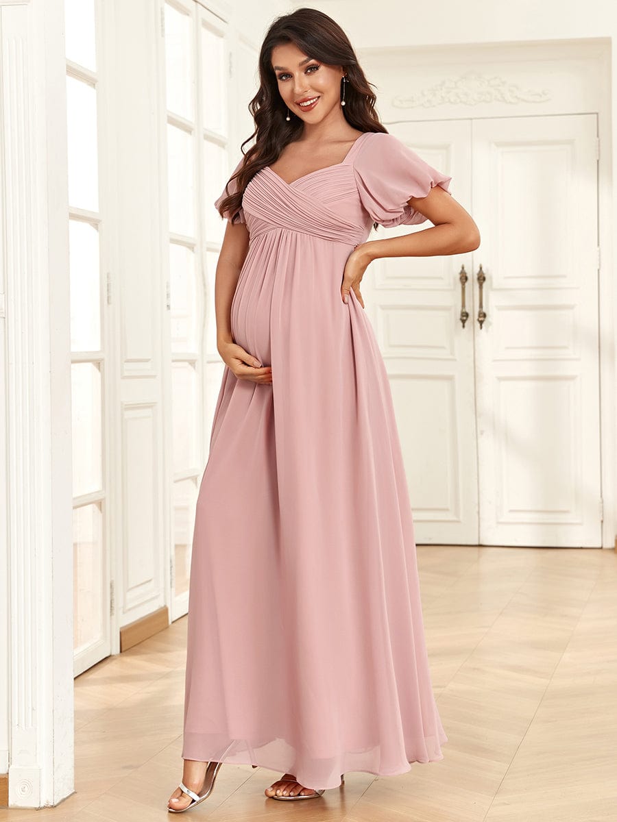 Chiffon Pleated V-Neck Tie-Back A-Line Maternity Dress #Color_Dusty Rose