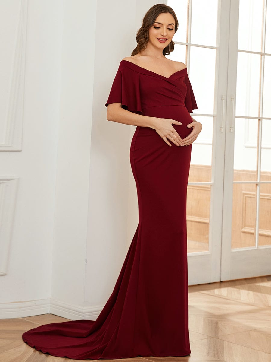 V-Neck Off-Shoulder A-Line Fishtail Maternity Dress #Color_Burgundy