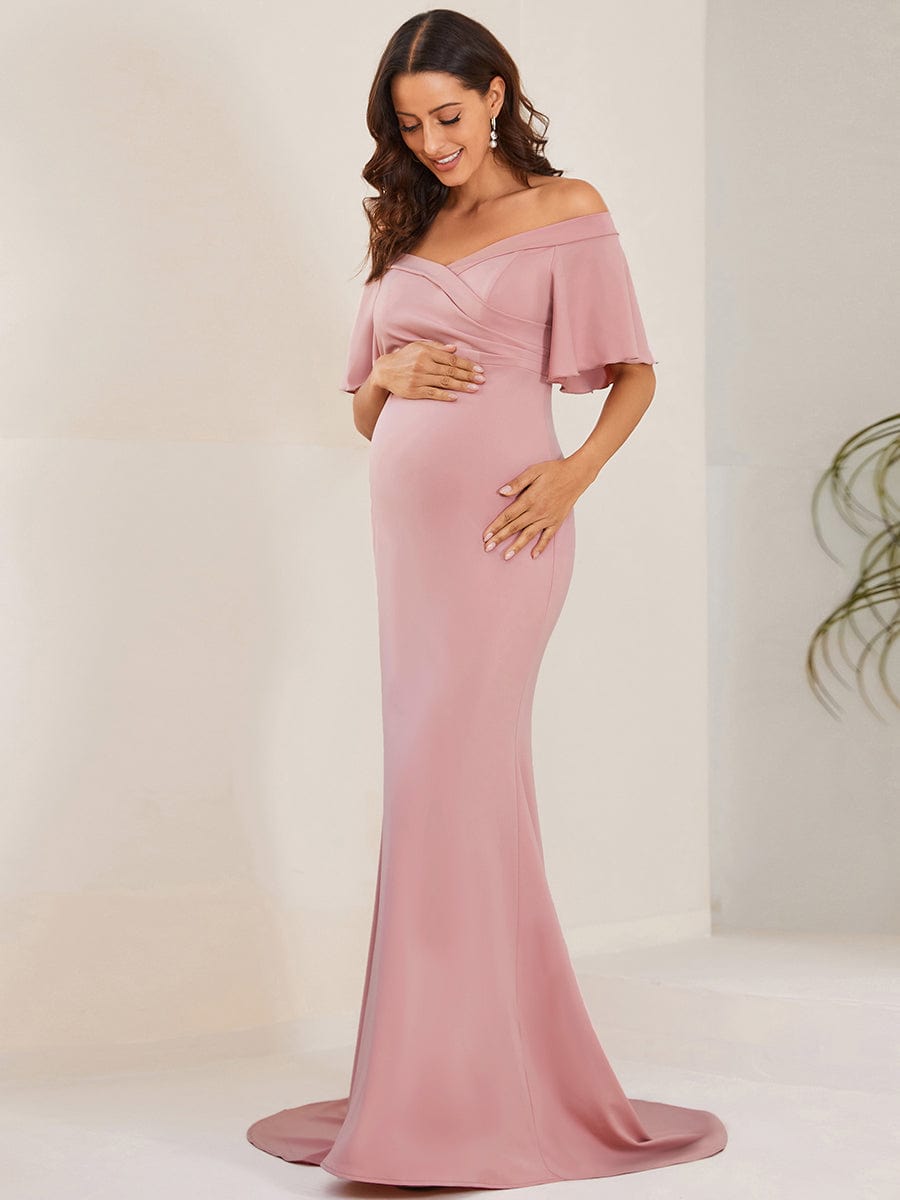 V-Neck Off-Shoulder A-Line Fishtail Maternity Dress #Color_Dusty Rose