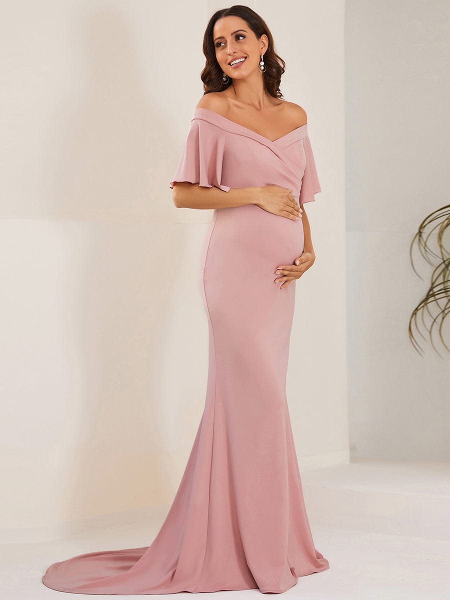 V-Neck Off-Shoulder A-Line Fishtail Maternity Dress #Color_Dusty Rose
