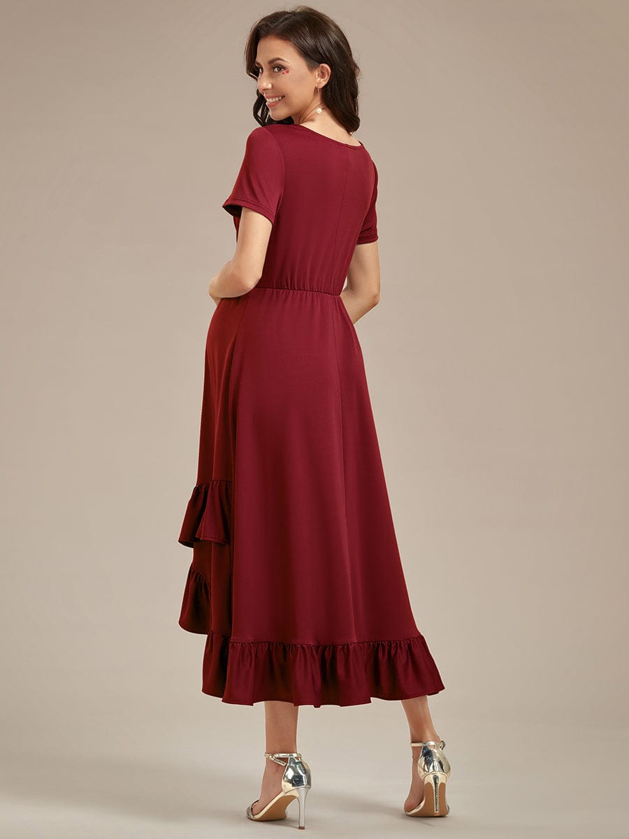 Ruffles High Low Hemline V-Neck High Stretch Maternity Dress #color_Burgundy