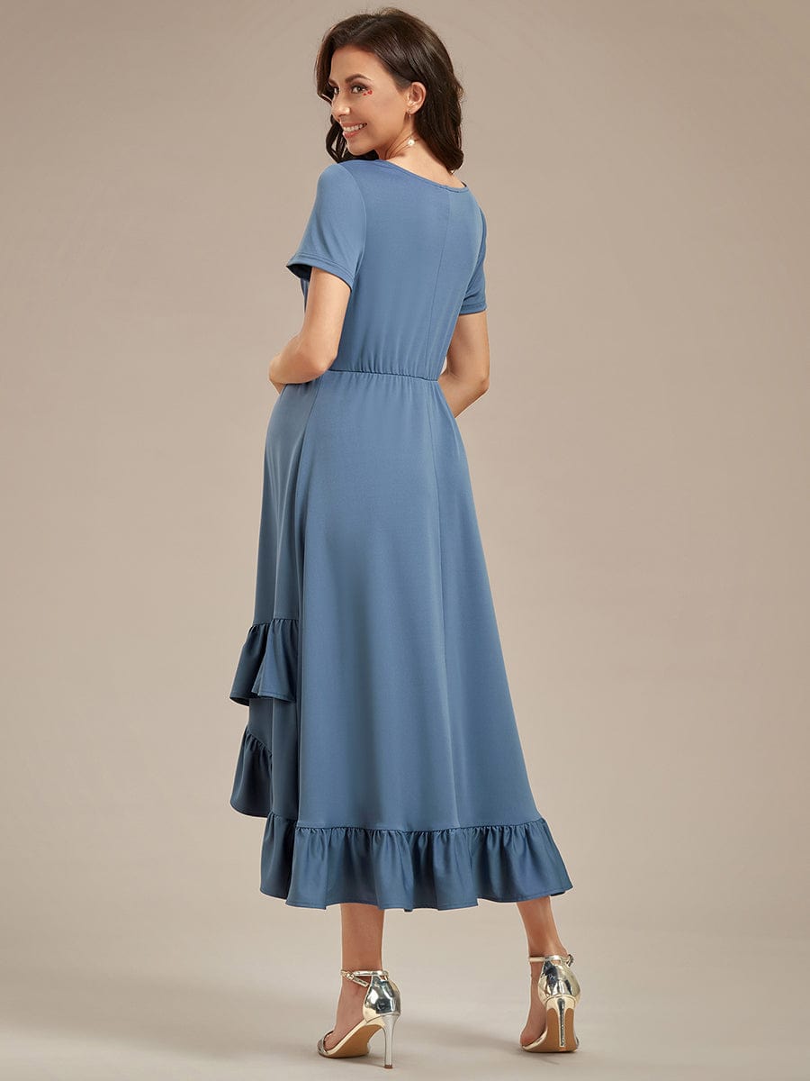 Ruffles High Low Hemline V-Neck High Stretch Maternity Dress #color_Dusty Blue