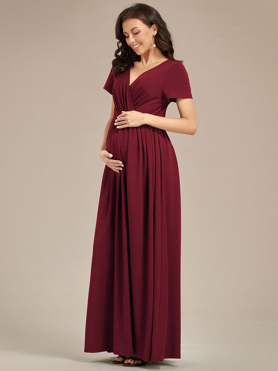 Comfortable Pleated V-Neck Short Sleeve Maternity Dress #color_Burgundy